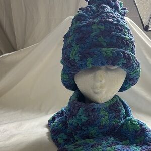 Cozy Blue and Green Knit Hat Scarf Set hand crocheted buttery soft warm beanie G